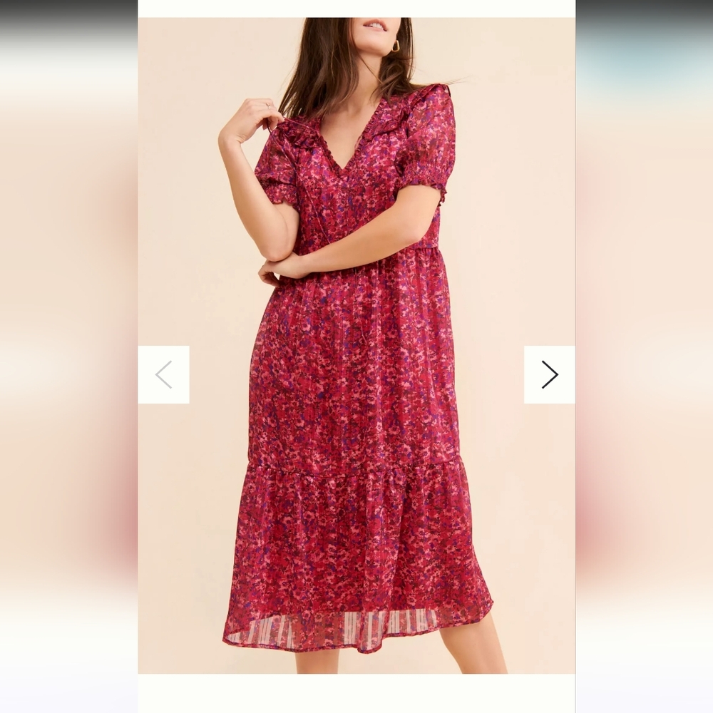 Anthropologie, Du Paradis Ruffle Collar Light and Airy Midi Floral Dress